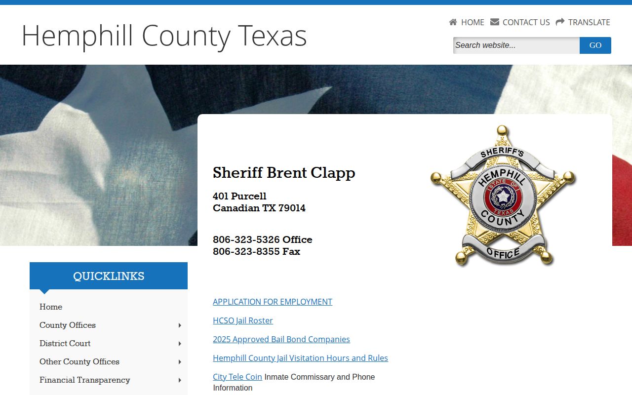 Roberts County custody lookup through the official Hemphill sheriff roster link